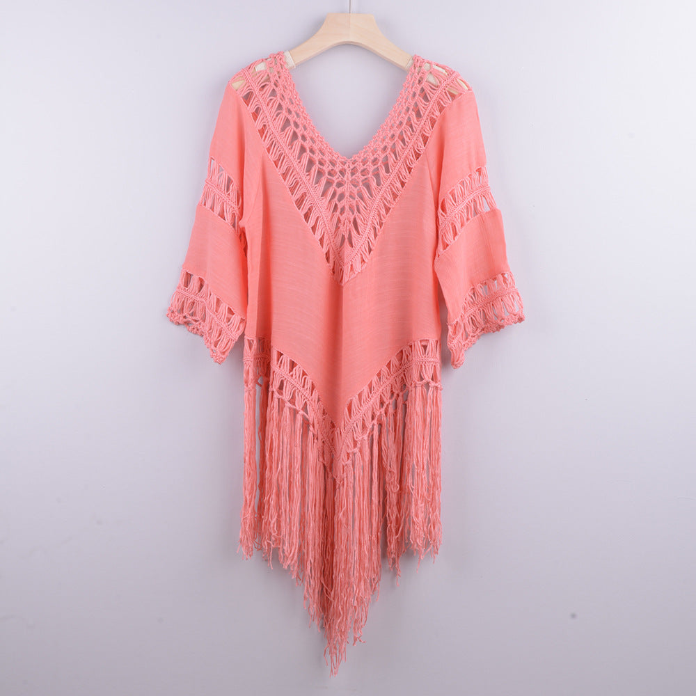 Hand Crocheting Patchwork Solid Color Hollow Out Cutout out Beach Irregular Asymmetric Tassel Cover up Bikini Swimsuit