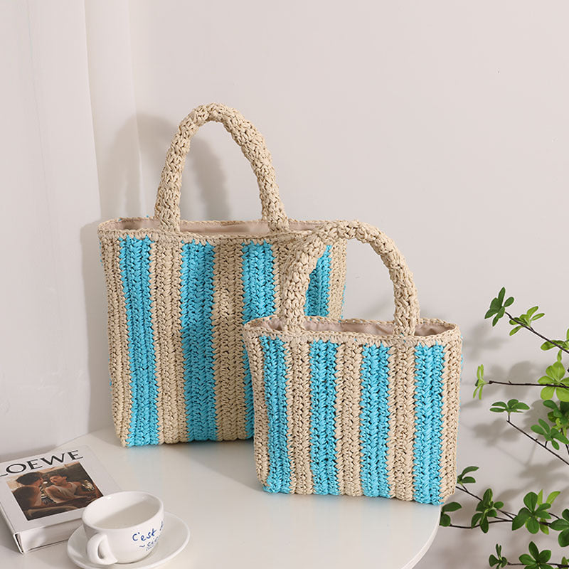 Vertical Stripes French Straw Bag Portable Contrast Color Straw Bag Woven Bag Women&