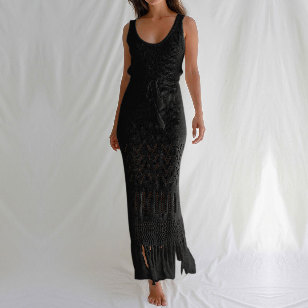 Sunscreen Beach Dress Hollow Out Cutout out Strap Women Maxi Dress with Tassel Bikini Swimsuit Blouse