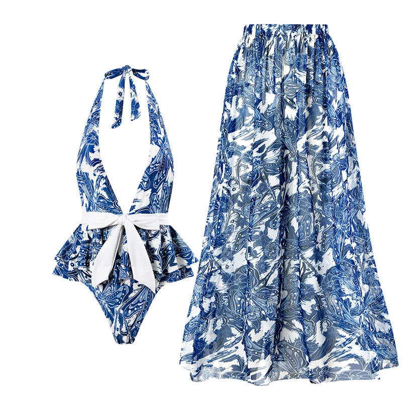 One Piece Swimsuit Women Skinny Slimming Vintage Printed Chiffon Dress With Steel Bracket Hard Bag