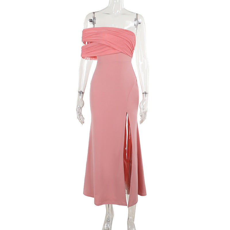 Autumn Socialite Sexy Mesh Stitching off Shoulder Split Dress Women