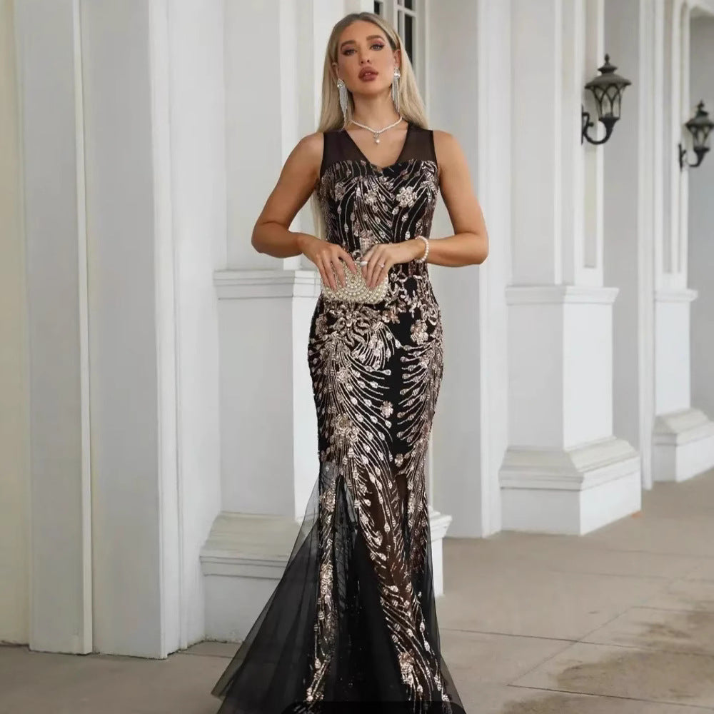 Short Sleeve Dress Women Sleeveless Sequined Mesh Fishtail Evening Dress