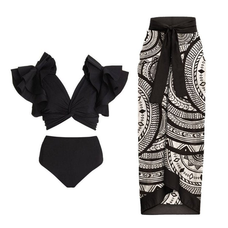 Retro High Waist Split Swimsuit Women Ruffled Bikini Swimsuit Chiffon Beach Skirt Set