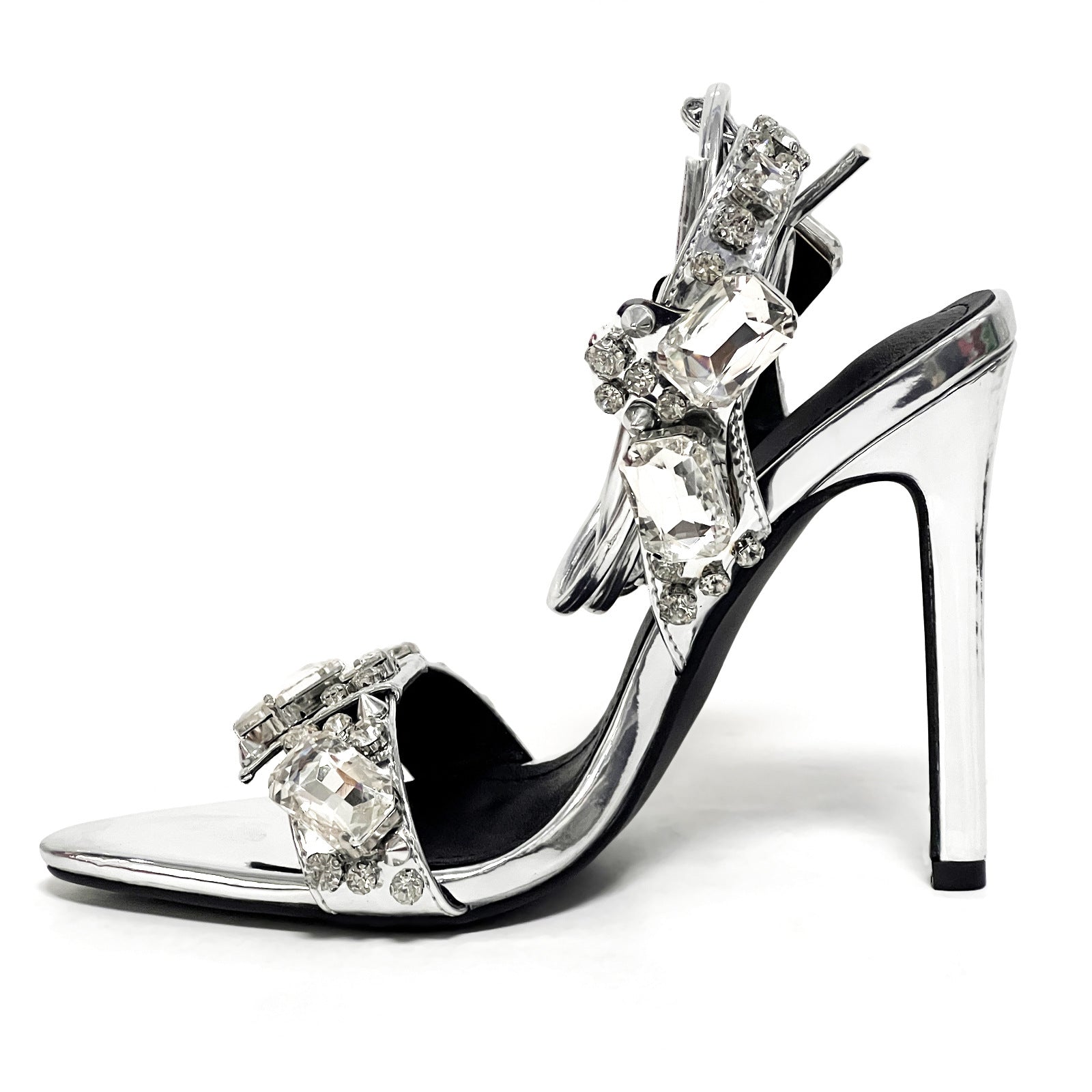 11cm Pointed Gold Rivet Rhinestone Stiletto Heels Summer Sandals Shoes