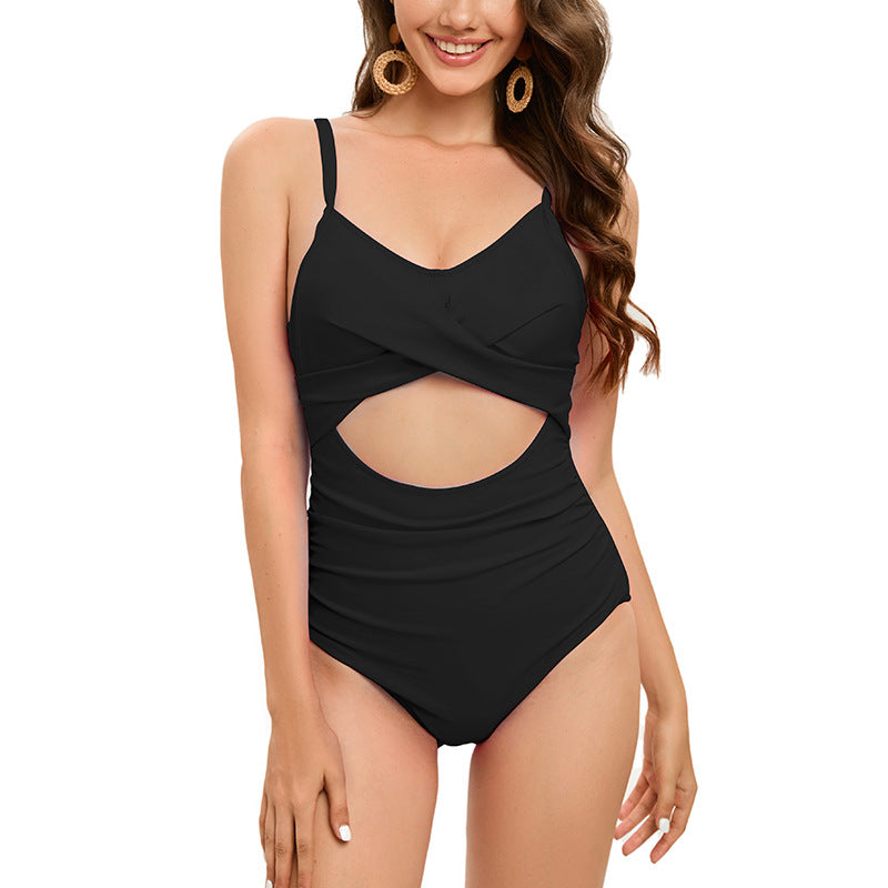 Swimsuit Women Halter Strap Beauty Back One Piece Swimsuit Pleated Belly Covering Thin Swimsuit