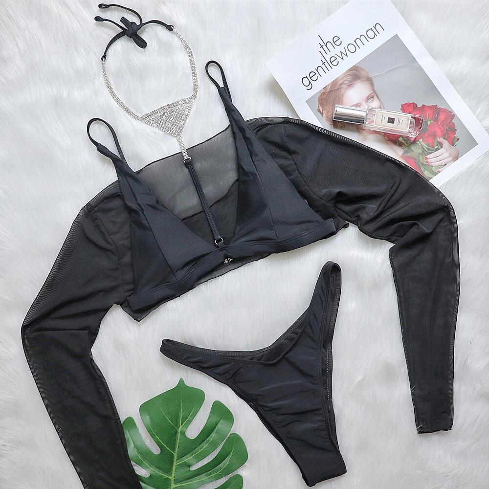 Bikini Sexy Luxury Crystal Diamond Necklace Swimsuit Cover Up Three Piece Women Swimsuit