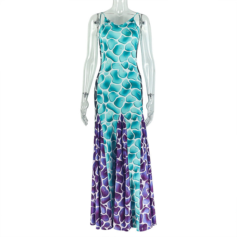Women Printed Wear Patchwork Waist Slimming A line Dress Casual V neck Swing Maxi Dress