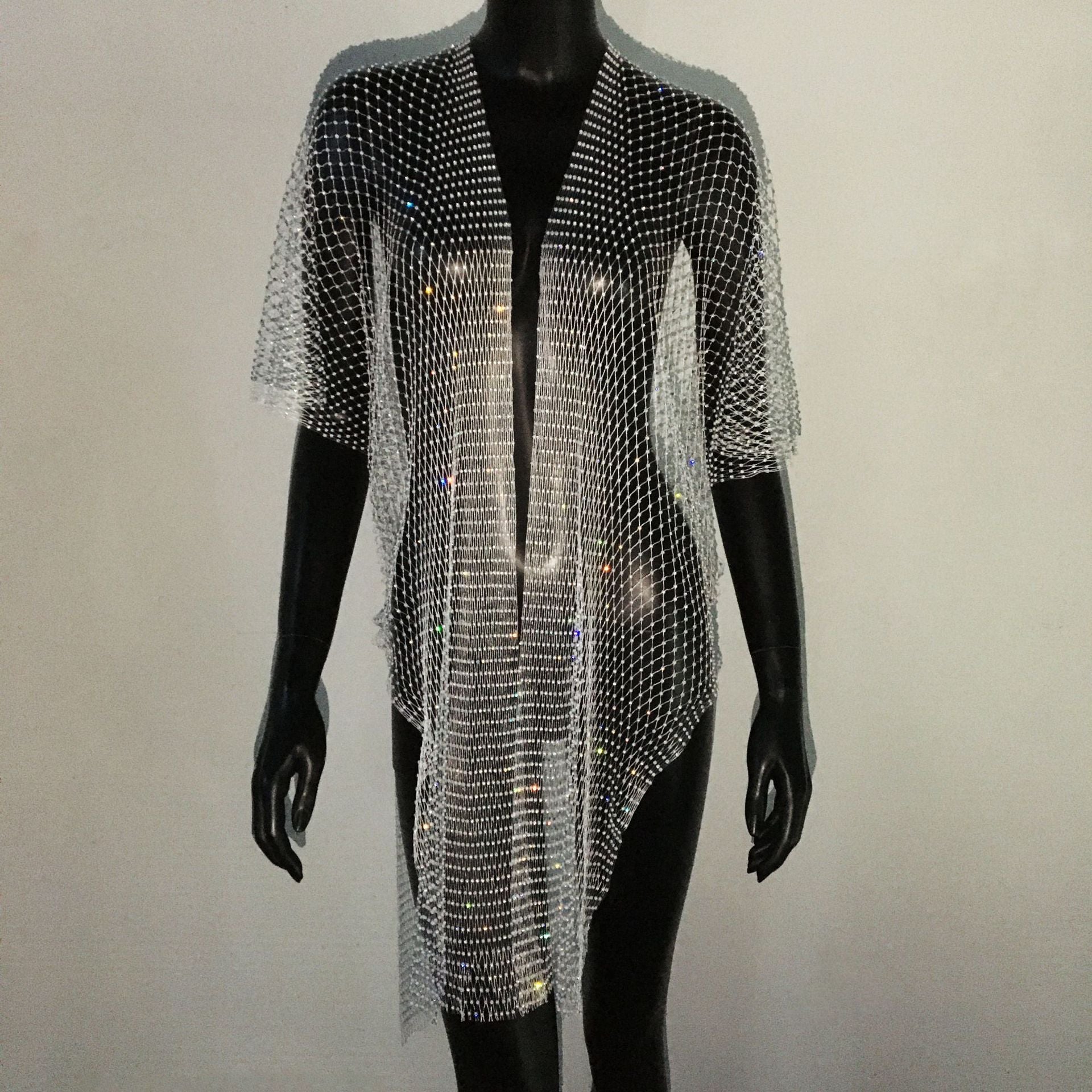 Mesh Rhinestone Fishnet Dress Sexy Rhinestones Bikini Cardigan Sexy Fishnet Dress Women