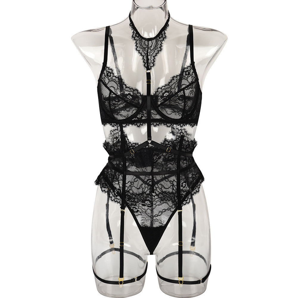 Sexy Three Piece Summer Lace Eyelash Lace Stitching with Halter Foot Ring