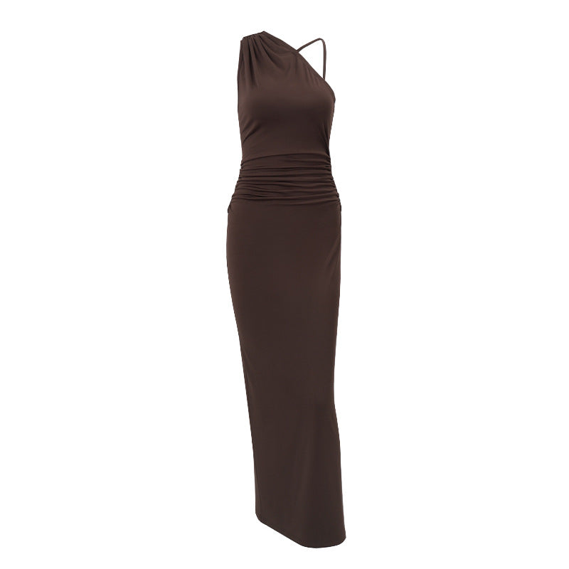 Women Clothing Summer Sexy Slant Shoulder High Waist Slim Fit Slimming Solid Color Sheath Dress