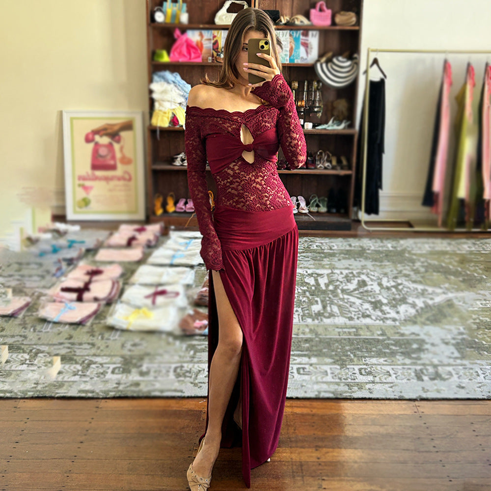 Summer Arrival off Neck Lace Maxi Dress Sexy High Split Pleated Dress for Women