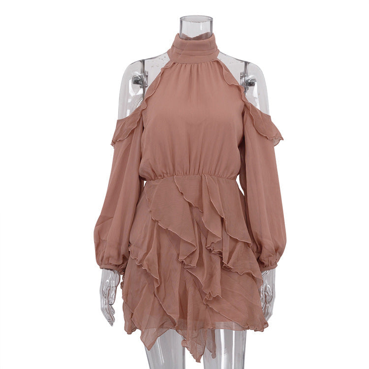 Elegant Chiffon Dress Women Halter Off the Shoulder Long Sleeve High Waist A line Dress