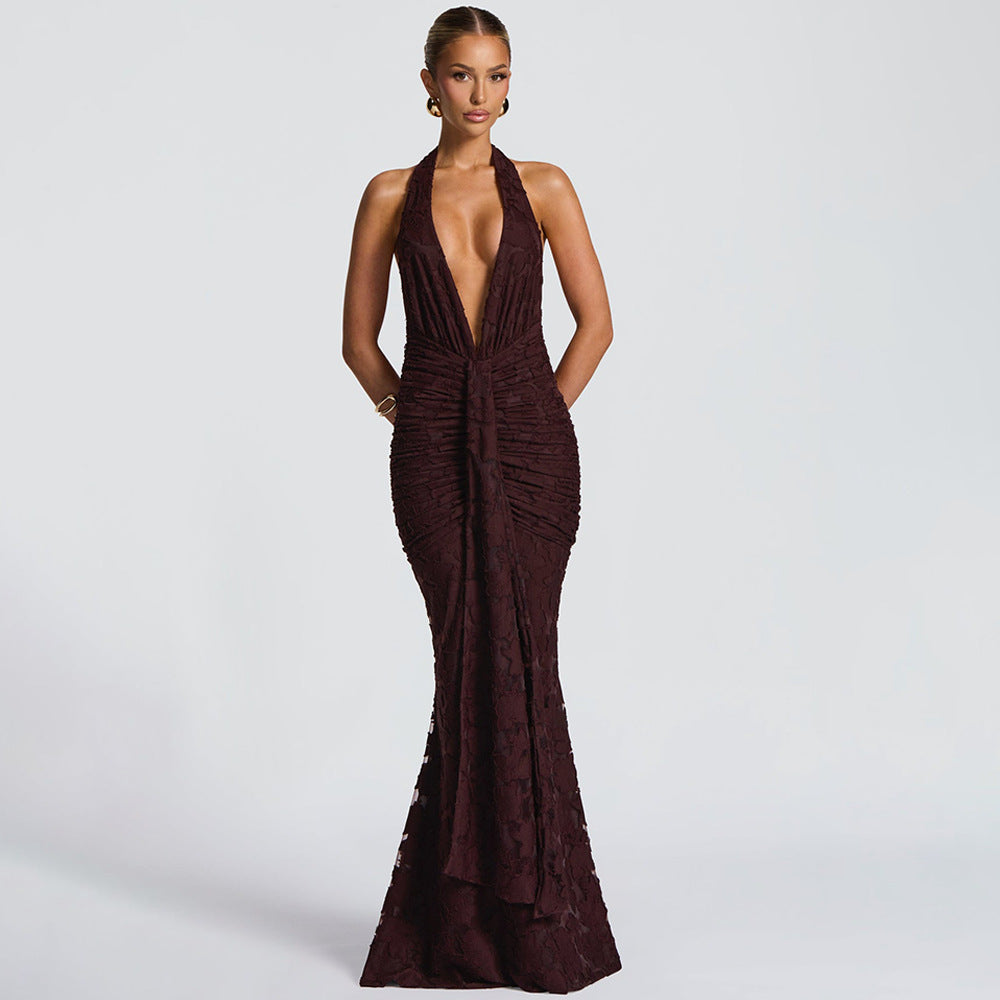 Lace Pleated Maxi Dress Women Sexy Deep V Plunge neck Backless Sheath Dress