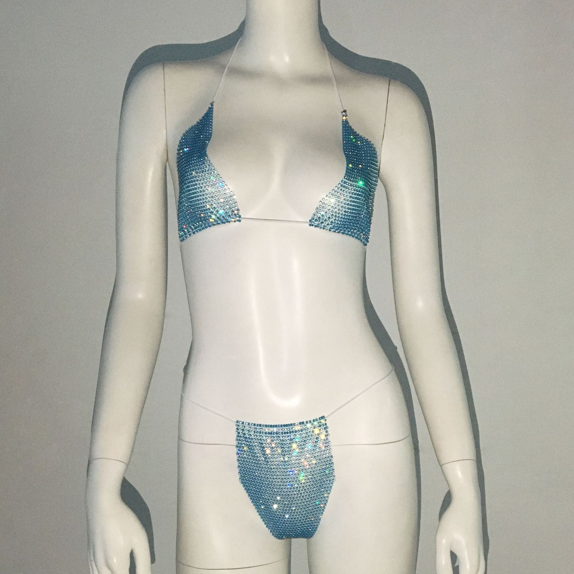Women Clothing Rhinestone Bikini Set Carnival Sexy Lace Up Outdoor Beach Split Swimsuit