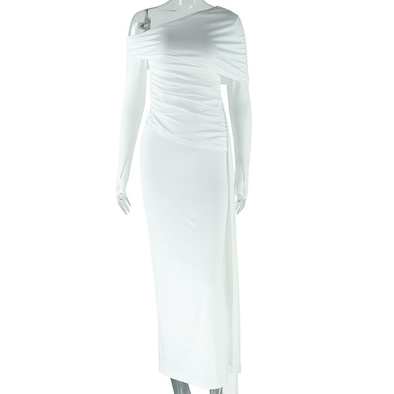 Women Clothing Solid Color Dress Diagonal Collar Open Shoulder Long Sleeve Irregular Asymmetric Dress