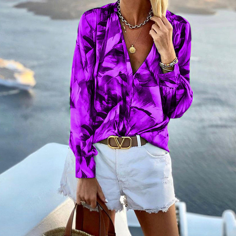 Fall Women Clothing V neck Long Sleeve Bohemian Printed Top Casual Shirt