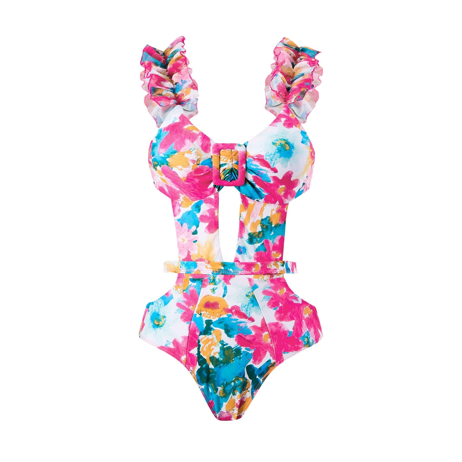 Siamese Conservative Swimsuit Printing Hollow Out Cutout Mesh Wrap Skirt Set Swimsuit