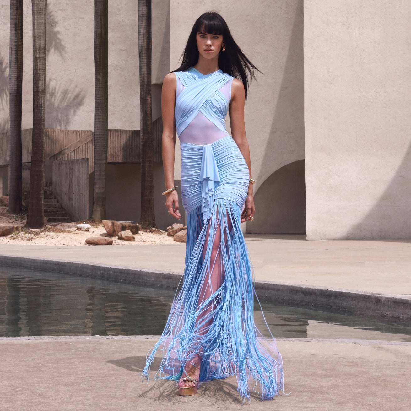 Women Clothing Sexy Solid Color Sling See through Mesh Pleats Cross Dress Vacation