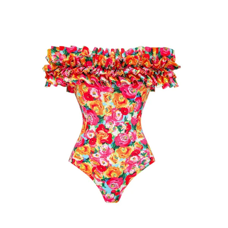 Printing French Retro One Piece Women Swimwear Set Cover Belly Slimming Swimsuit Vacation