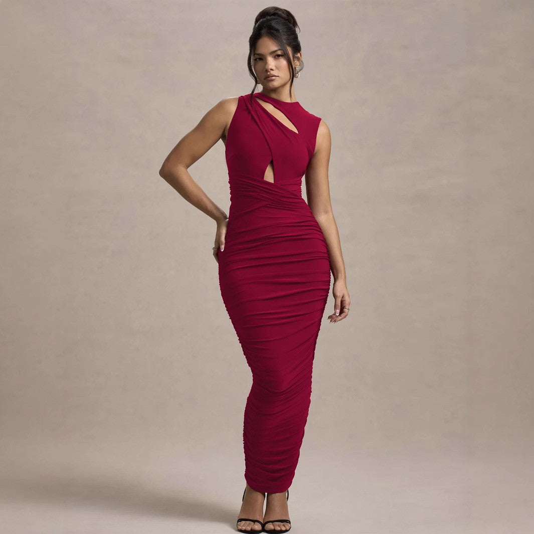 Autumn Winter Women Clothing Elegant Pleated Slim Sleeveless round Neck Sheath Dress