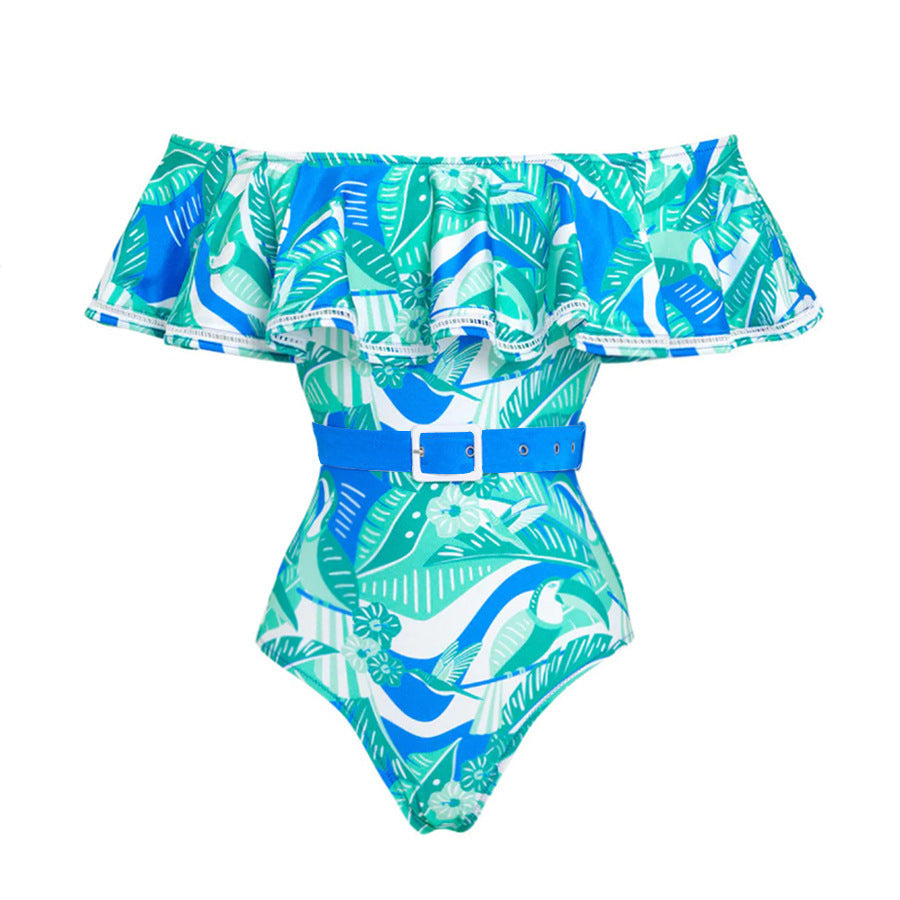 Off Shoulder Ruffled Printed One Piece Swimsuit Women