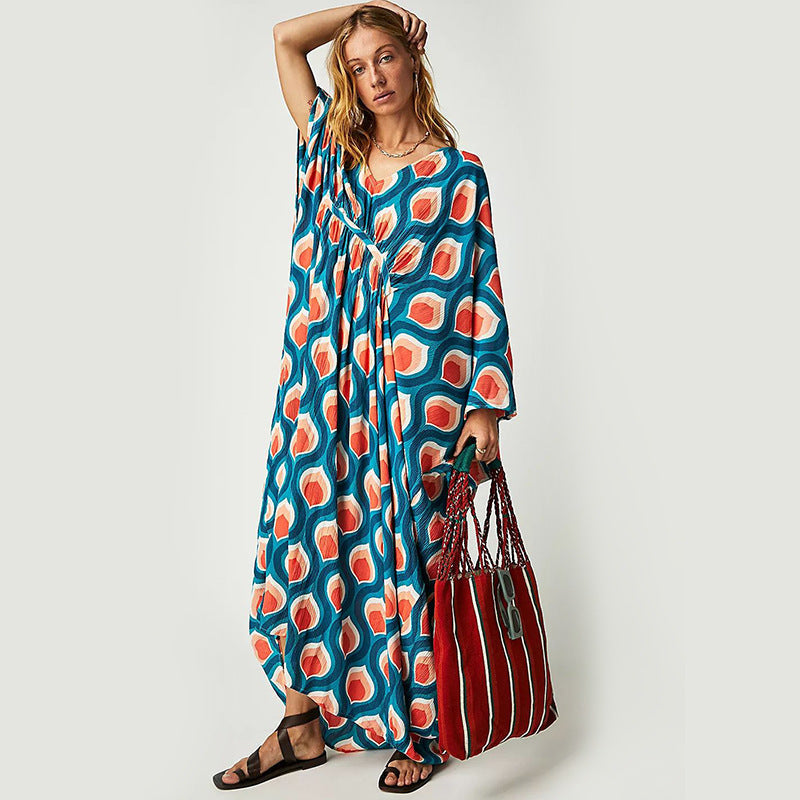 Summer Beach Dress Women Casual Vacation Printed Pullover Bikini Swimsuit Blouse Sun Protection Clothing