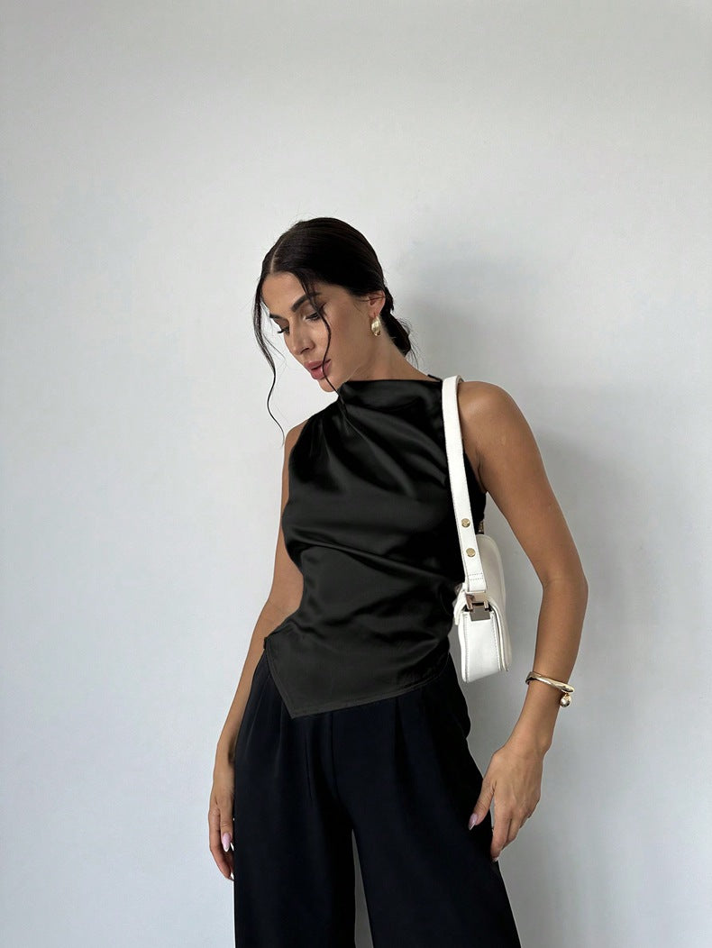 Summer Women Clothing Summer Satin Shirt Women Simple Sleeveless Satin Artificial Silk Shirt Top