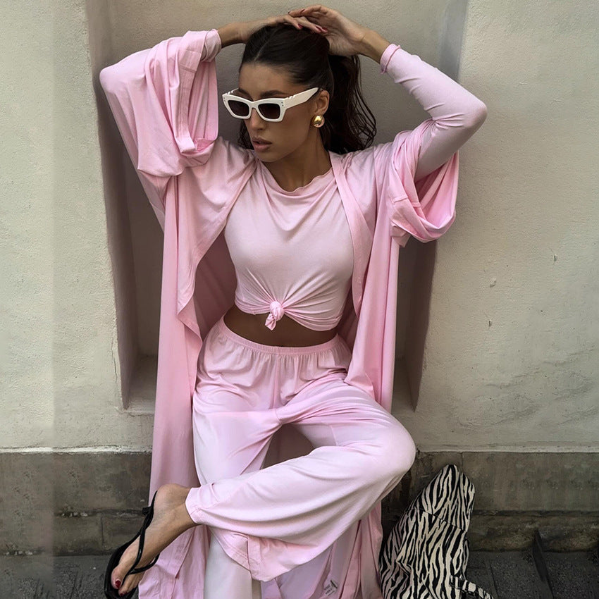 Summer Pajamas Three Piece Knitted Solid Color Top Trousers Loose Comfortable Home Wear