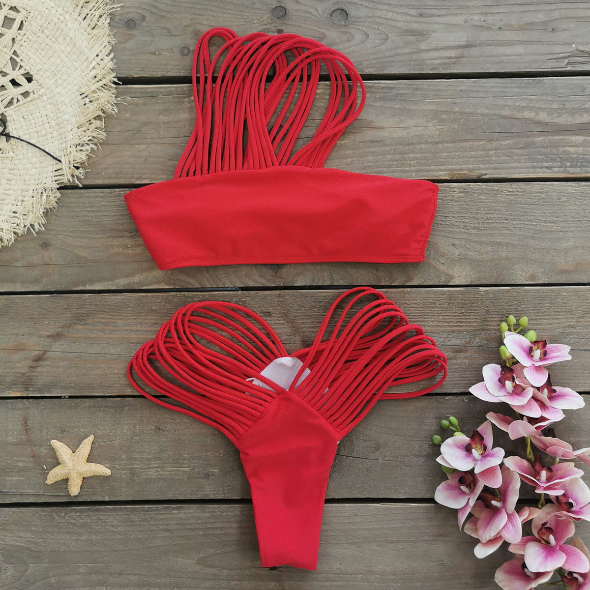Women One Shoulder Tube Top Solid Color Split Swimsuit Sexy Bikini Bikini