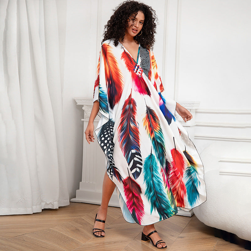 Positioning Print Holiday Loose plus Size Robe Beach Cover up Dress Bikini Cover-up Women&