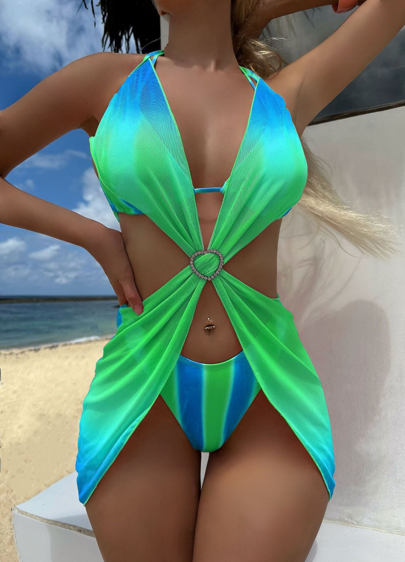 Striped Gradient Love Tulle Skirt Three Piece Sets Swimwear Swimsuit Bikini