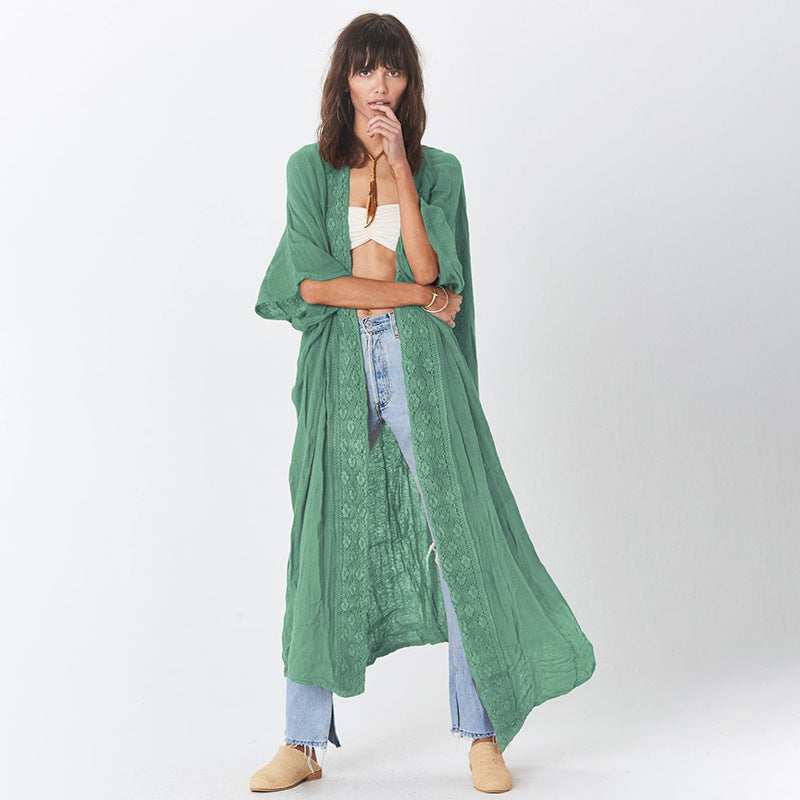 Rust Red Lace Cardigan Loose Beach Sun Protection Coat Beach Cover Up Swimsuit Outwear Women