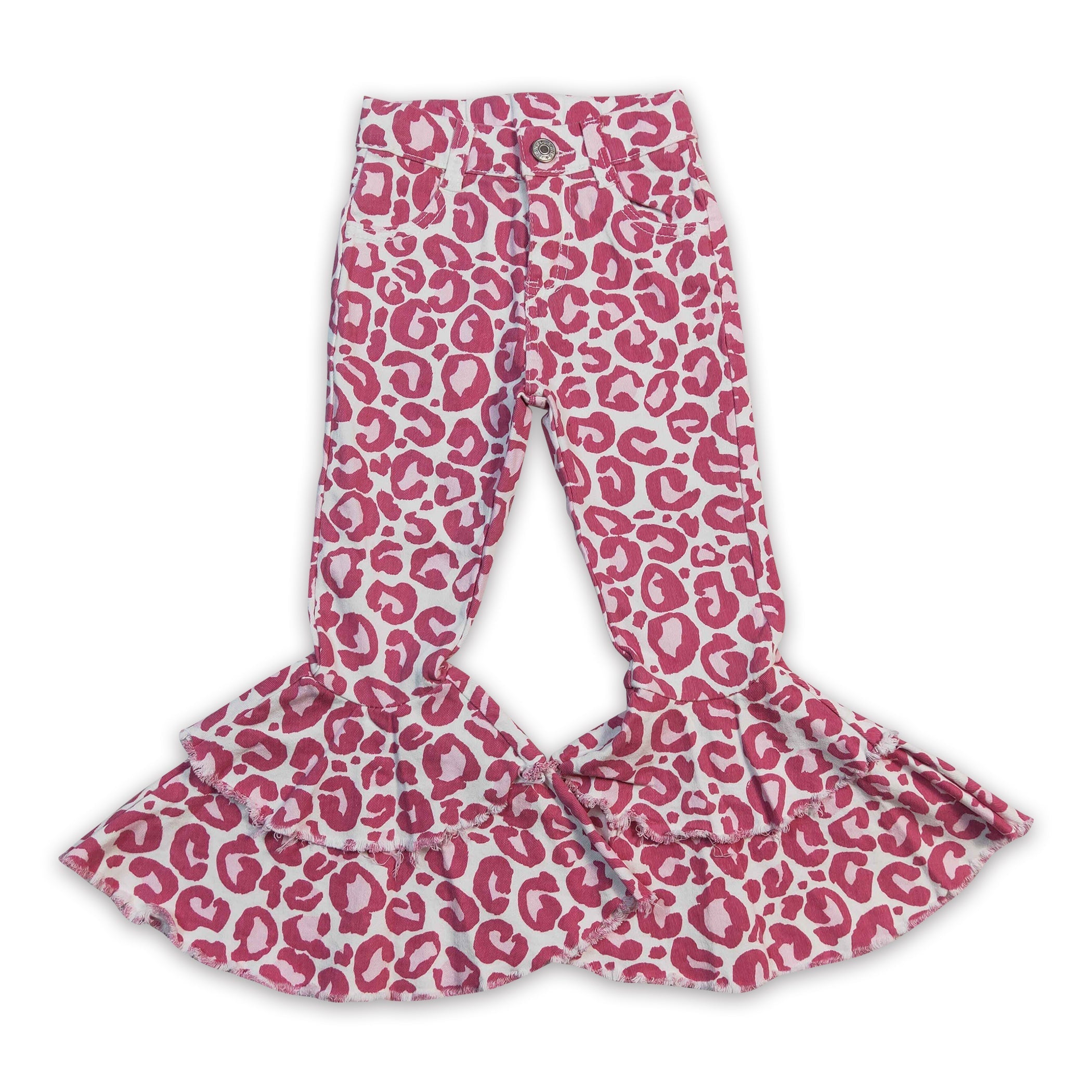 Pink leopard double ruffle denim pants girls valentine&