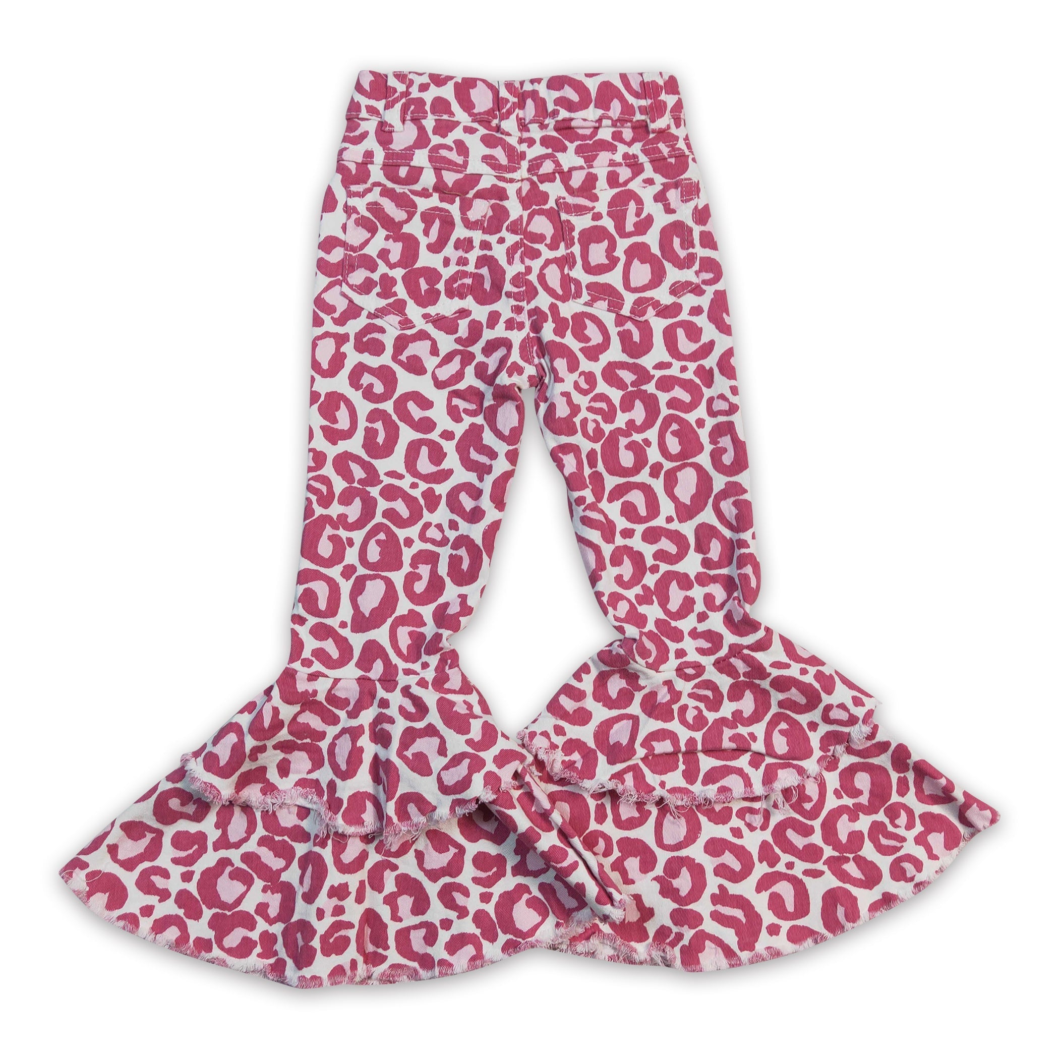 Pink leopard double ruffle denim pants girls valentine&