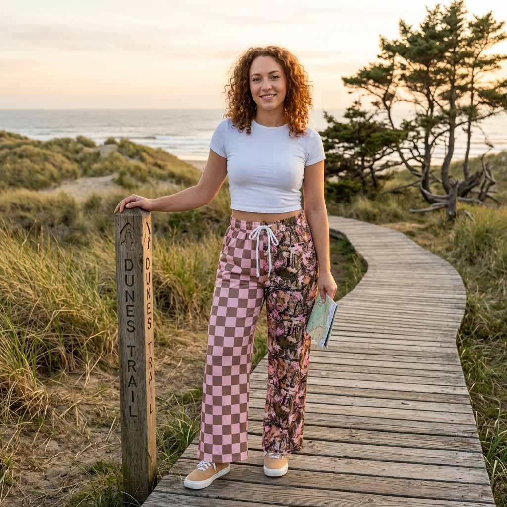 Pink plaid camo adult women fall pants