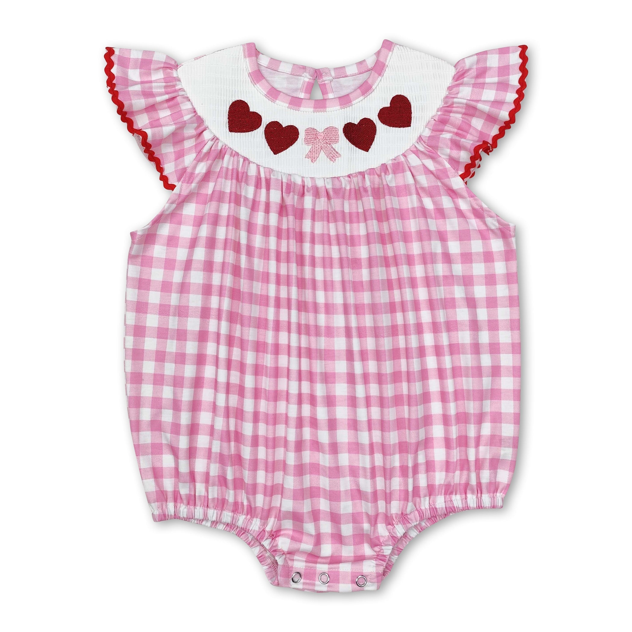 Pink plaid heart bow smocked baby girls Valentine&