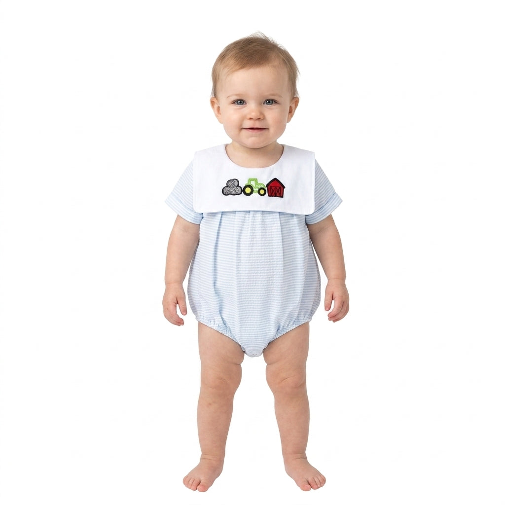 Short sleeves stripe farm tractor embroidery boy romper