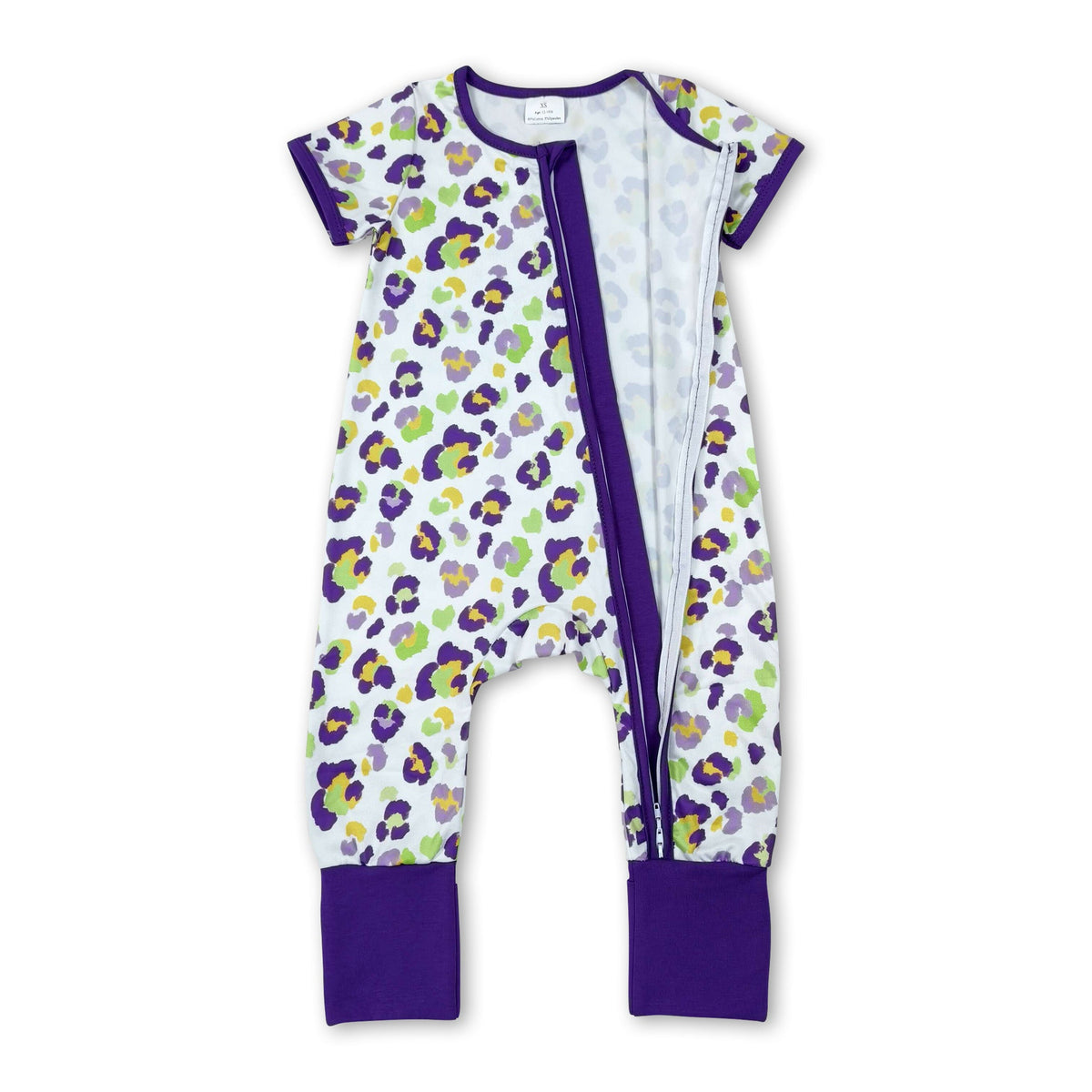 Short sleeves purple leopard girls Mardi Gras zipper romper