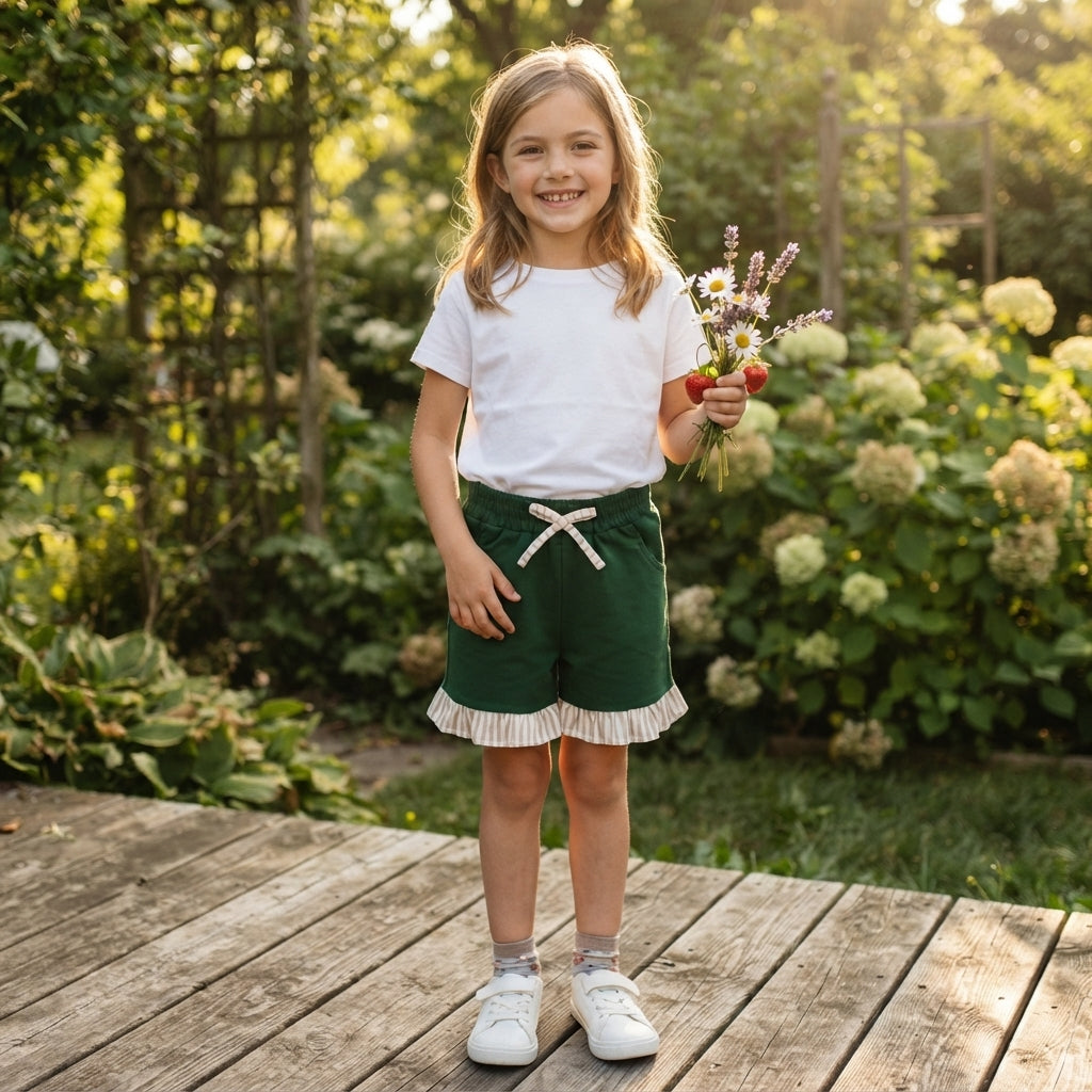 Stripe ruffle dark green kids girls shorts