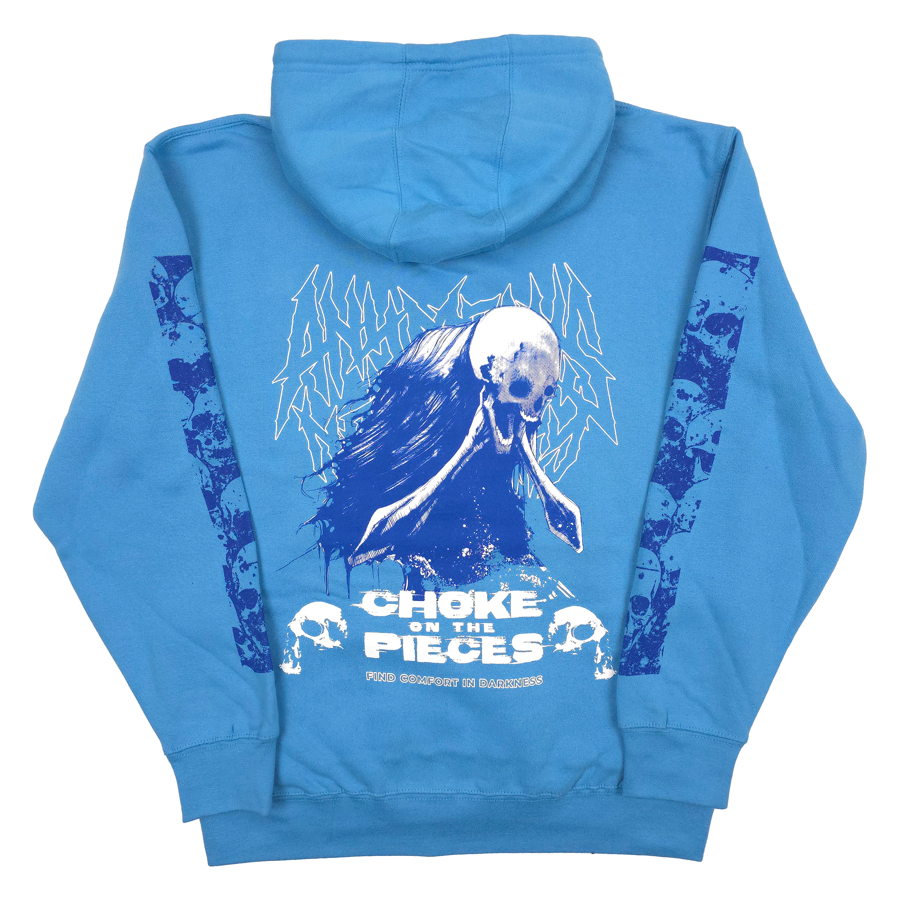 Blue Choke Pullover Hoodie from Any Means Necessary Clothing, showing the back view with a relaxed fit and hood.