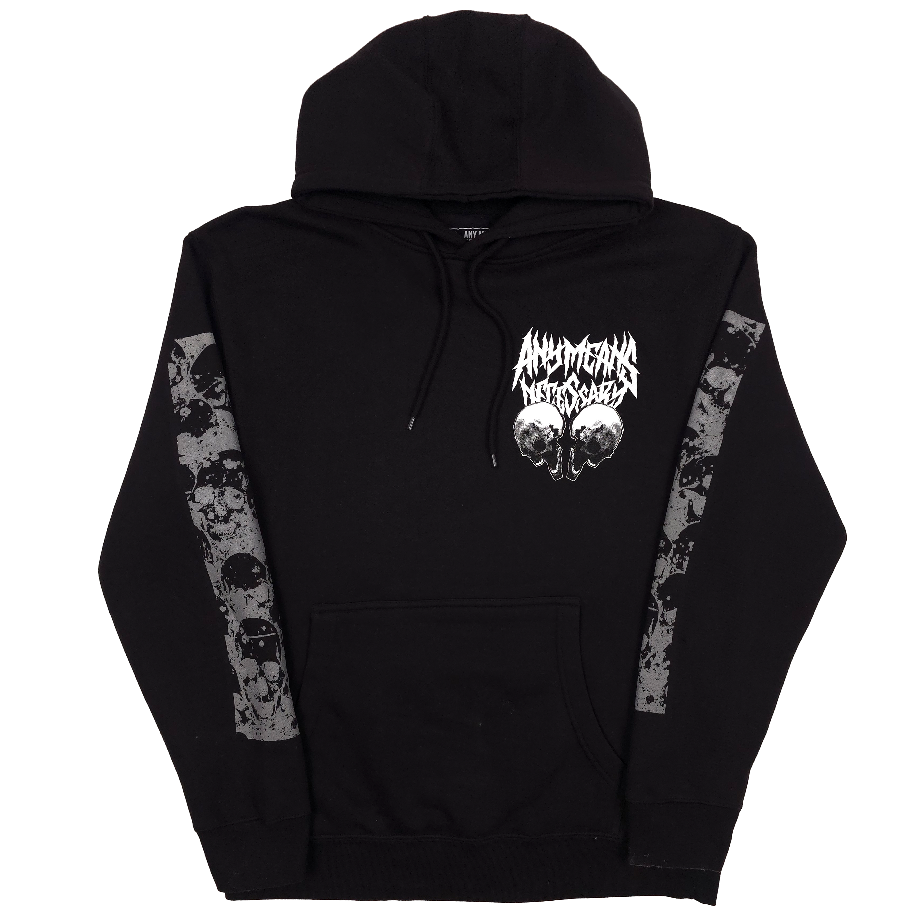 Black Choke Pullover Hoodie by Any Means Necessary Clothing, front view showing hood and chest design.