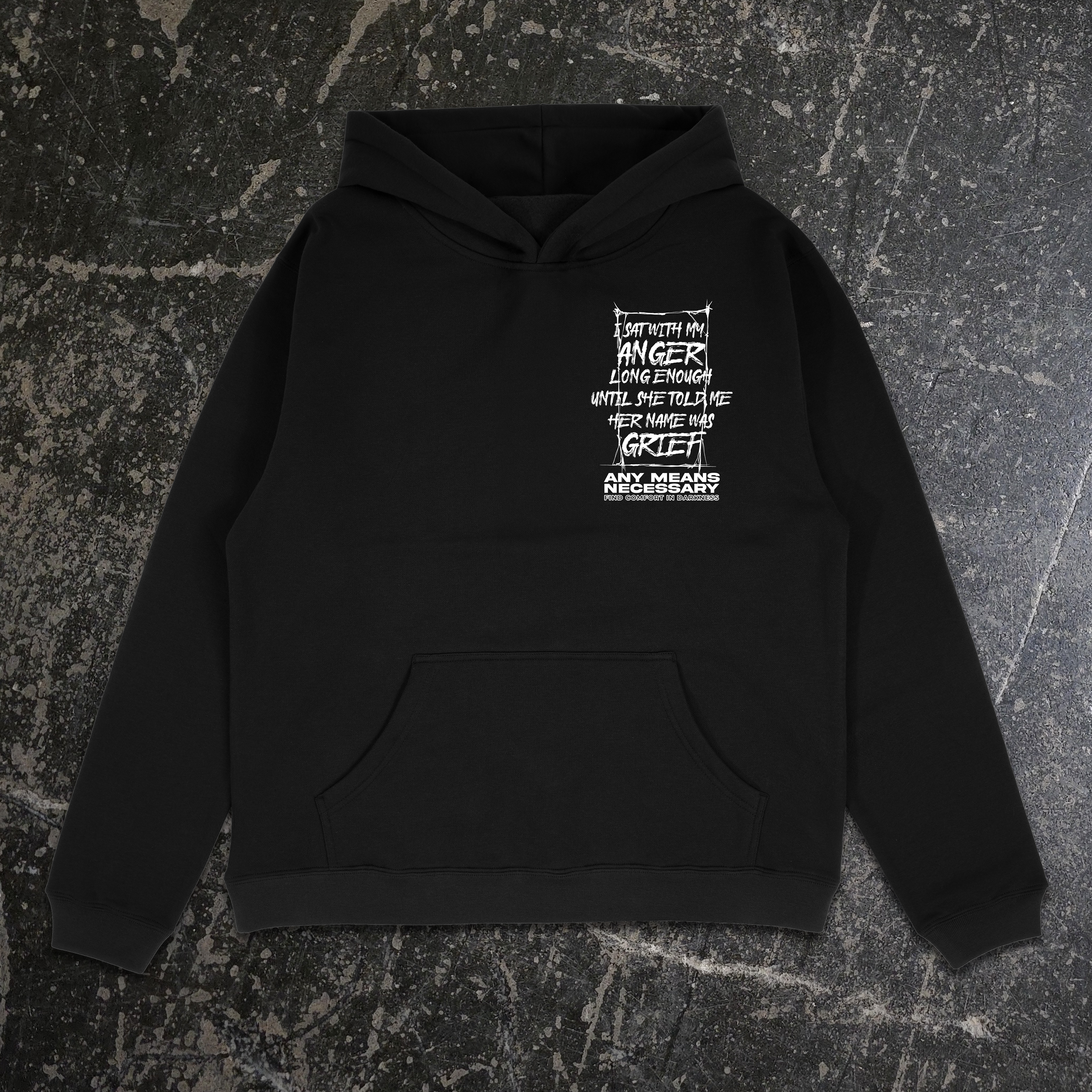 Black Grief hoodie by Any Means Necessary Clothing featuring a front graphic design, casual pullover style for comfort and style.