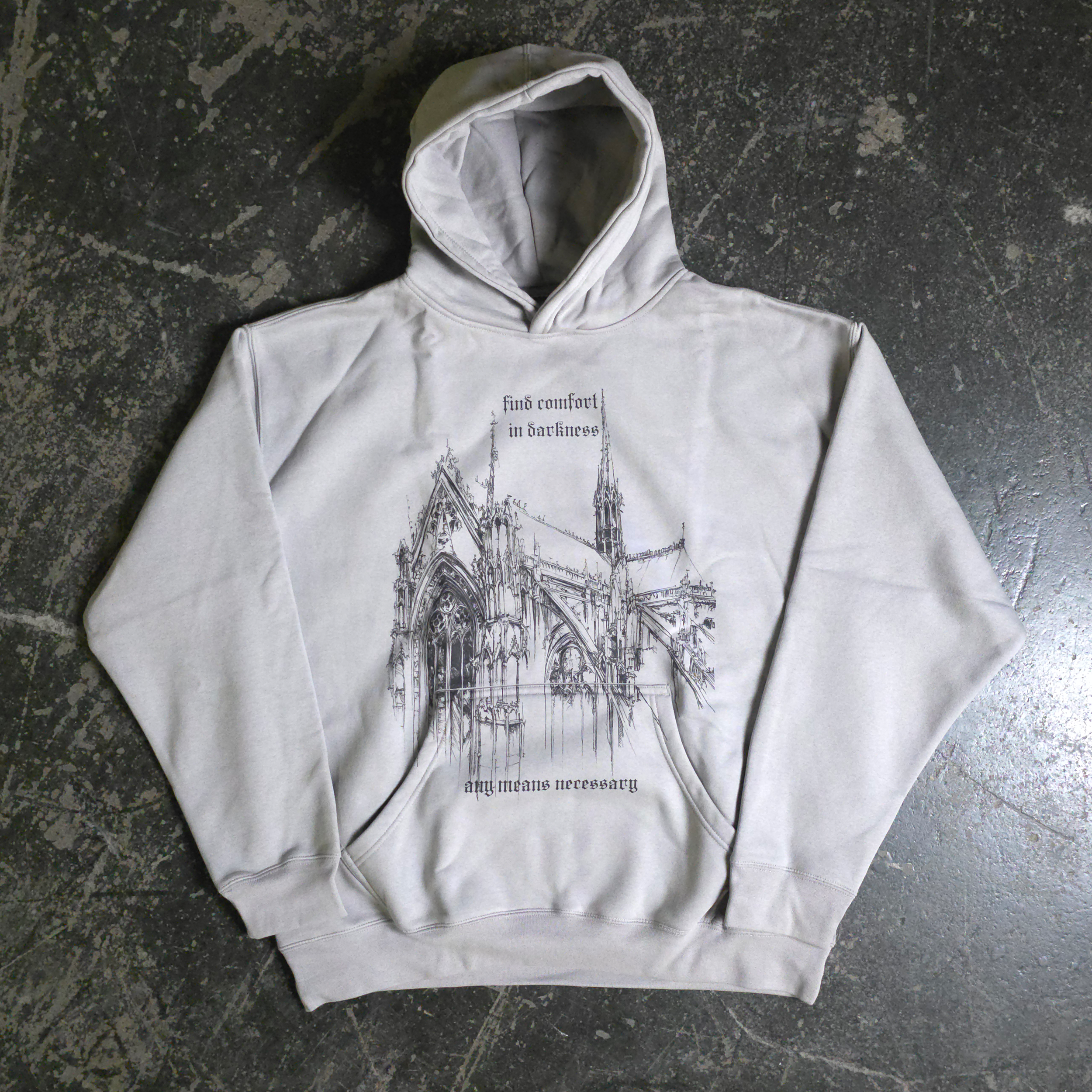 Grey Chapel Pullover Hoodie by Any Means Necessary Clothing, front view showcasing the soft fabric and relaxed fit.