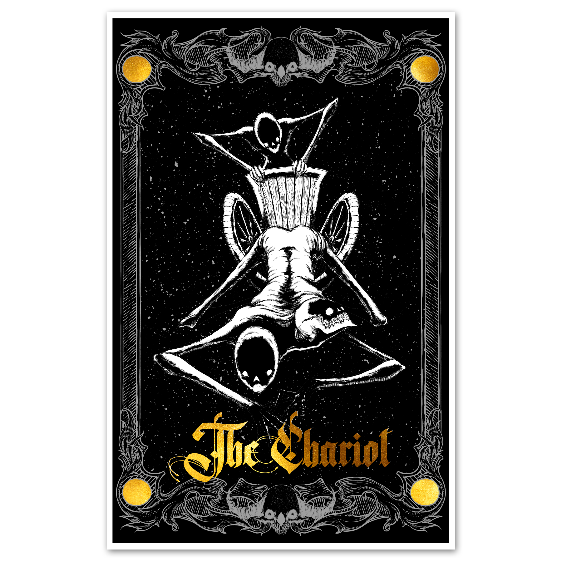 Tarot The Chariot poster from Major Arcana prints by Any Means Necessary Clothing, featuring detailed illustration on 11x17 inch paper.