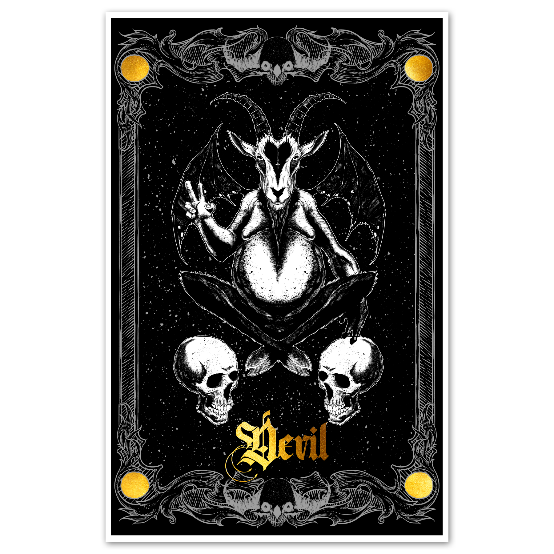 11x17 tarot Devil Major Arcana poster by Any Means Necessary Clothing, featuring detailed devil card illustration.