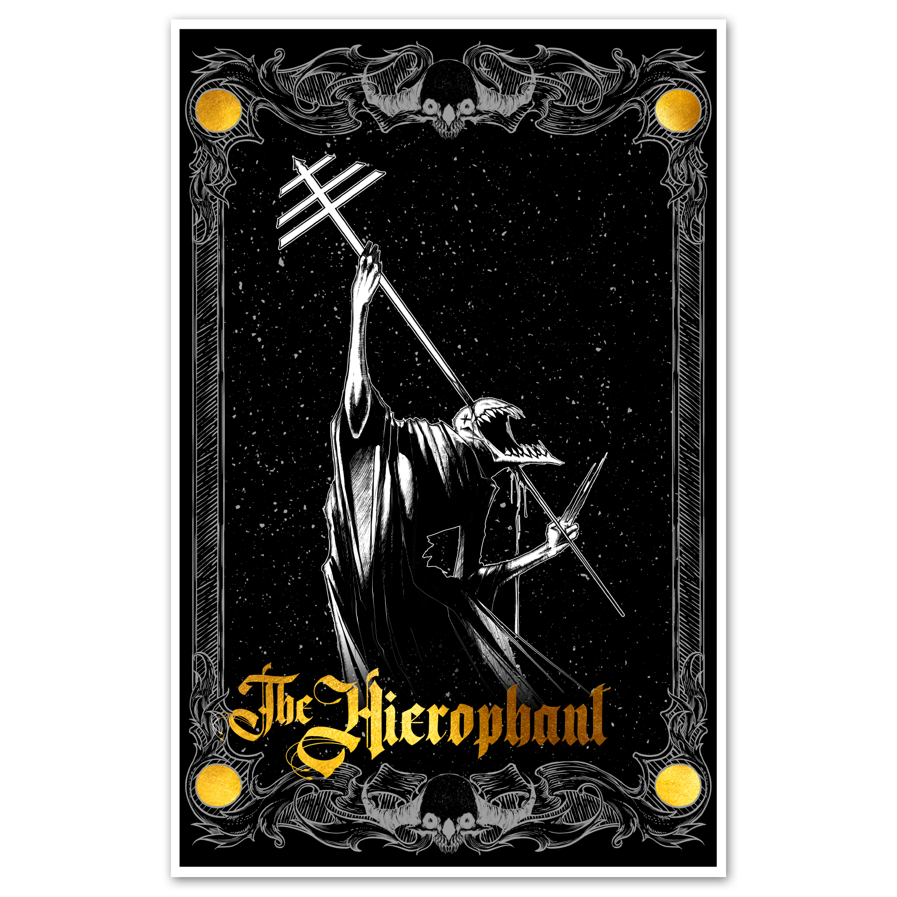 11x17 tarot Hierophant poster from Major Arcana Prints series by Any Means Necessary Clothing, featuring detailed Hierophant design.