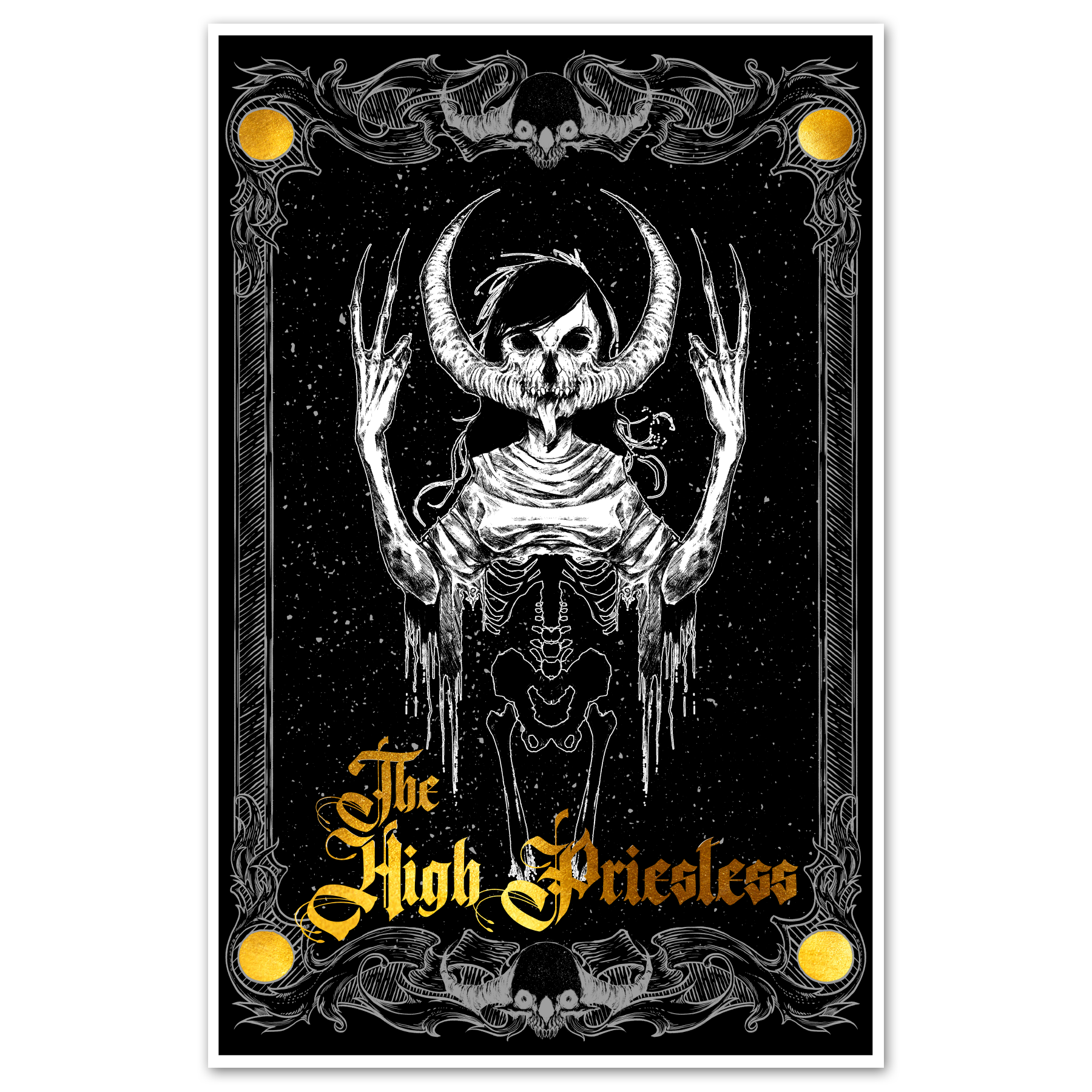 High Priestess tarot poster from Major Arcana prints by Any Means Necessary Clothing, featuring detailed mystical artwork in 11x17 size.