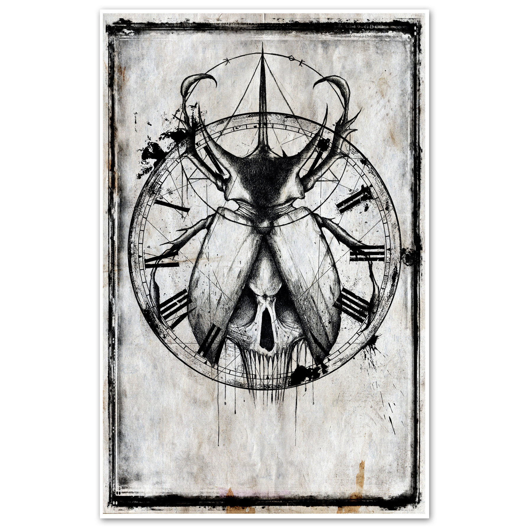 Death Beetle poster featuring detailed black and white artwork, perfect for wall decor from Any Means Necessary Clothing.