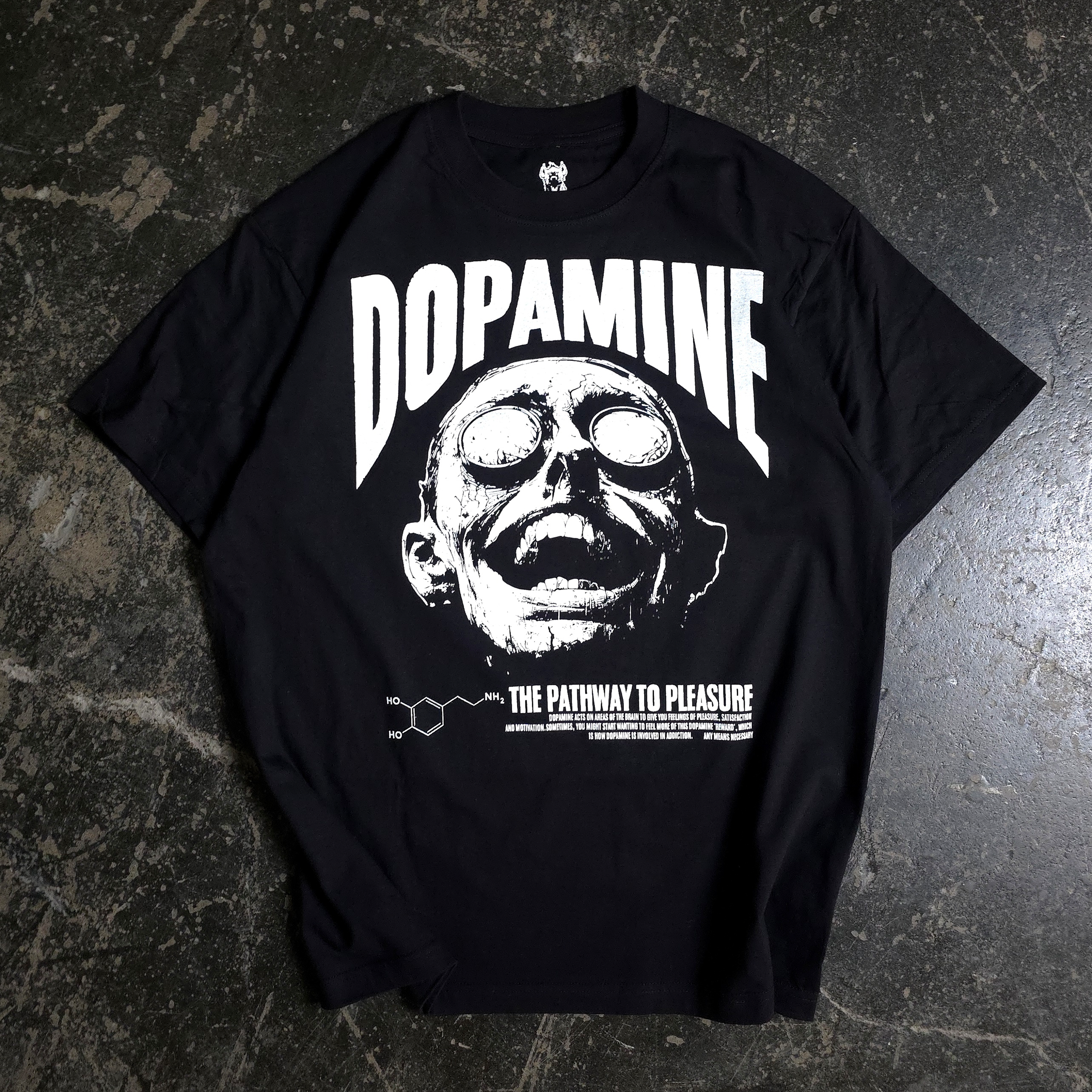 Black Dopamine T-Shirt from Any Means Necessary Clothing, front view showing bold dopamine graphic on soft cotton shirt.