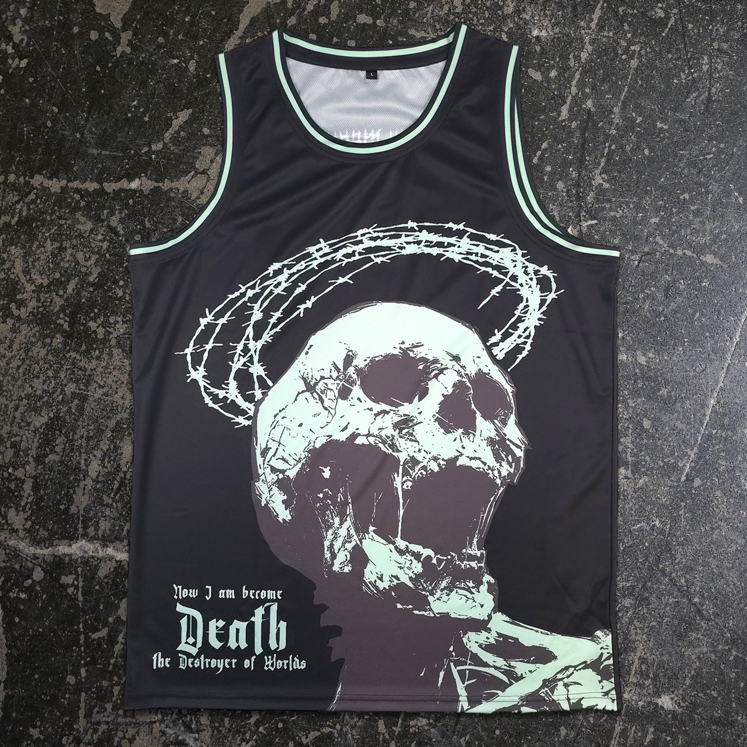 Front view of the Destroyer of Worlds Jersey shirt by Any Means Necessary Clothing with bold graphic design.